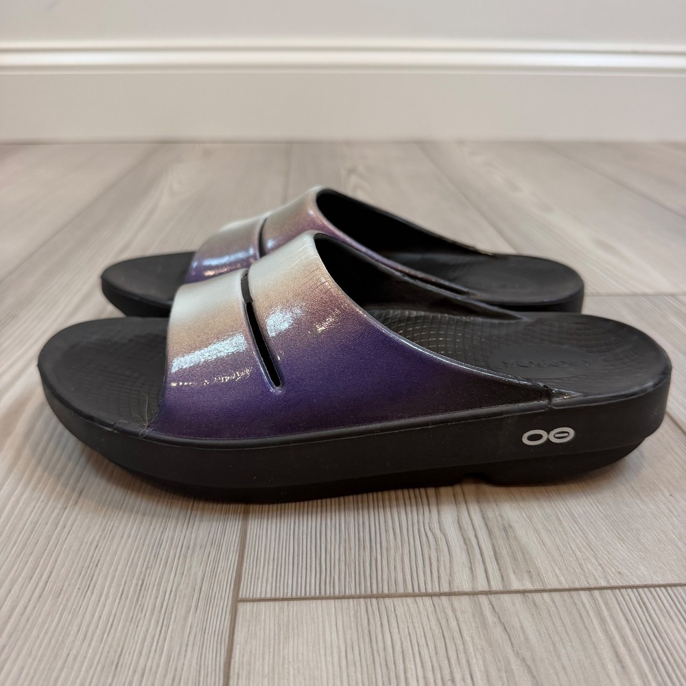 OOFOS OOahh Sport Luxe Iridescent Purple Silver Ombre Recovery Slides Womens 8